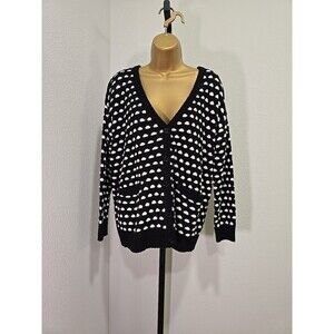 Black White Polka Dot Pockets Cardigan Sweater Unisex M Academia Preppy Oxford